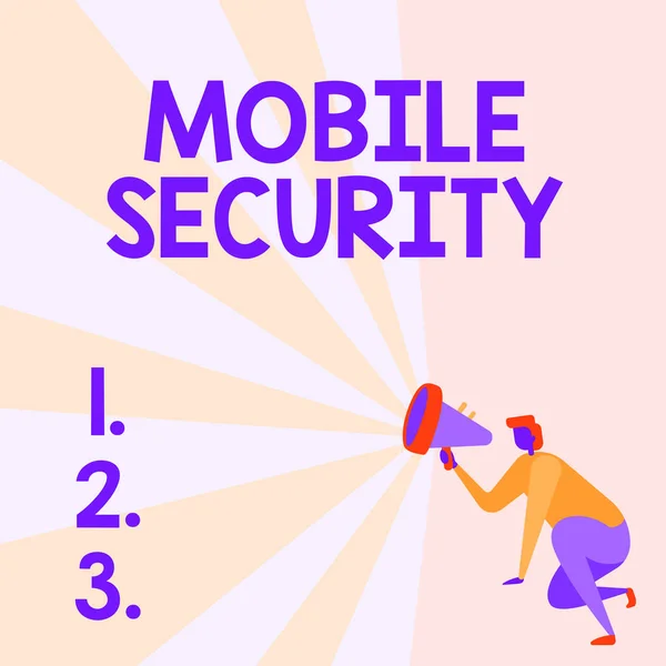 Leyenda conceptual Mobile Security. Word Written on efforts to secure data on mobile devices such as smartphones Illustration Of A Person Kneeling Using Megaphone Making New Announcement. — Foto de Stock
