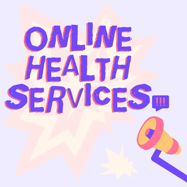 온라인 건강 서비스 (Online Health Services). 개념적 의미는 의료 서비스가 손을 잡고 메가 폰을 들고 선 레이를 통해 발표하는 인터넷 삽화를 통해 전달되고 강화 됨을 의미 한다. — 스톡 사진