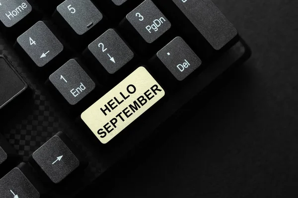Exhibición conceptual Hola septiembre. Palabra Escrito en el saludo utilizado en la conmemoración del noveno mes del año Escribir el código del programa Script, Resumen Descargar New Online Journal —  Fotos de Stock