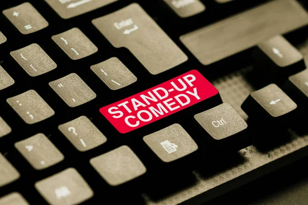 Conceptual display Stand up Comedy. Business idea a comic style where a comedian recites humorous stories Transferring Written Notes To A Computer, Typing Motivational Messages