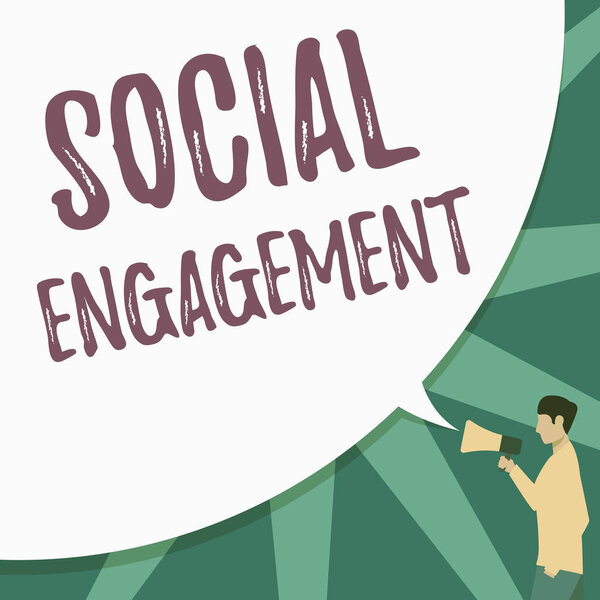 Концептуальная подпись "Социальная активность". Концептуальная фотография относится к степени участия в обществе или обществе Человек рисуя руку в кармане холдинга мегафон с большой речевой пузырь.