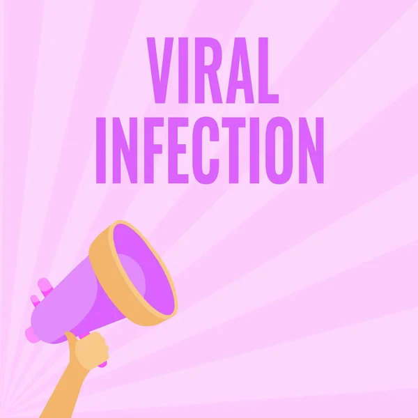 바이러스 감염을 보여 주는 문자 캡션. 손을 잡고 메가폰 을 훌륭하게 만들어 내는 유해 한 바이러스 삽화 를 재생 한 인간 세포에 대한 사업 전반적 인 공격 — 스톡 사진