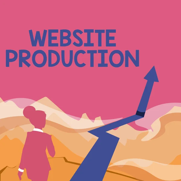 Inspiráció mutató jel Website Production. Word írt létrehozása oldalak elrendezés tartalmát és grafikai tervezés Lady Walking felé hegyek egy nyíl jelölés siker — Stock Fotó