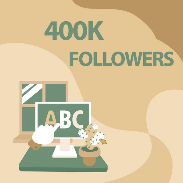 Πινακίδα που δείχνει 400K Followers. Word for number of individuals who follows someone in Instagram Hand Εμφάνιση επιστολών που δείχνουν Web Browser Screen με κάκτο στο πλάι. — Φωτογραφία Αρχείου