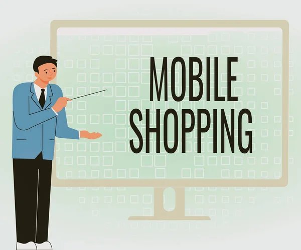 Conceptueel bijschrift Mobile Shopping. Internet Concept handel in goederen en diensten via draadloze apparaten Zakenman Standing Presenteren van grafieken Prachtige ideeën op computerscherm — Stockfoto