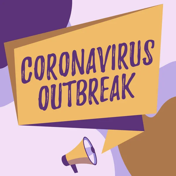 Firma mostrando el Brote de Coronavirus. Visión general de la empresa enfermedad infecciosa causada por el recién descubierto COVID19 Megáfono Dibujo Hablando de Chat Box Hacer Anuncio. — Foto de Stock