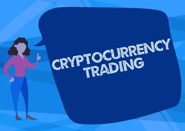 Titulek textu představující Cryptocurrency Trading. Obchodní přístup jednat spekulovat o pohybu cen prostřednictvím CFD účtu Ilustrace ženské mluvení v chatu Cloud Diskuse nápady. — Stock fotografie