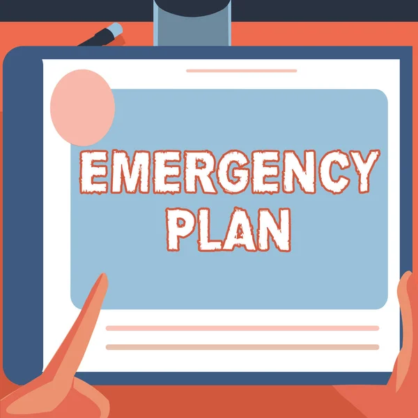 Sign displaying Emergency Plan. Business approach instructions that outlines what workers should do in danger Illustration Of A Hand Using Big Tablet Searching Plans For New Amazing Ideas — Stock Photo, Image