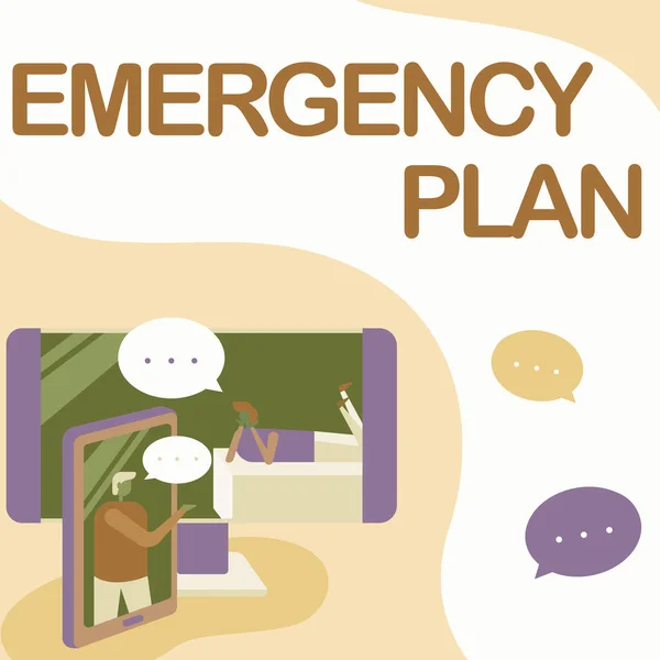 Sign displaying Emergency Plan. Business idea instructions that outlines what workers should do in danger Two Colleagues Sharing Thoughts With Speech Bubbles Popping Out From Phones