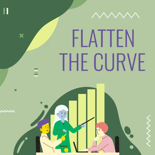 Szöveg felirat bemutatása Flatten The Curve. A koncepcionális fotó felhívja a figyelmet a fertőző betegség gyakoriságának lassítására Lady Drawing elmagyarázza a csapattársának a folyamat lépéseit. — Stock Fotó