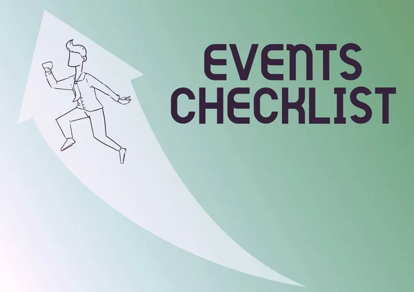 Conceptuele weergave Evenementen Checklist. Concept betekent van onschatbare waarde hulpmiddel voor het succesvol beheren van uw affaire Illustratie van gelukkig zakenman Running Up With Arrow Kreeg zijn promotie. — Stockfoto