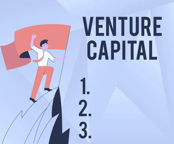 Venture Capital 'i gösteren bir tabela. Dağdaki Yeni Adam 'ın Bulutlara Yükselen Başarı Çizimi' ne yatırım yapmak için mevcut iş genel görünümü. — Stok fotoğraf