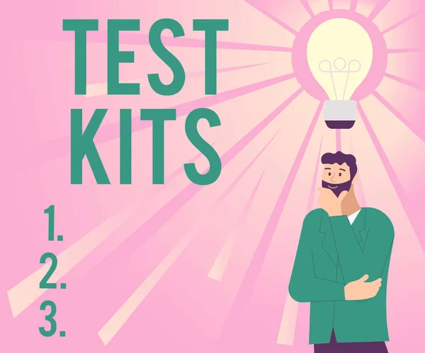 Kits de test d'affichage conceptuel. Concept signifiant outils utilisés pour détecter la présence de quelque chose dans le corps Illustration d'un homme debout à venir avec de nouvelles idées étonnantes. — Photo