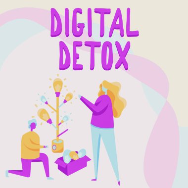 Kavramsal başlık Dijital Detox. Elektronik ve dijital cihazların kullanımının yasaklanması üzerine yazılan Sözcük Erkek ve Kadın Diz çökmüş Ampul Ağacı.