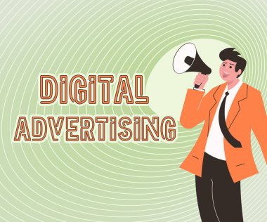 Dijital Reklamcılık işaretini gösteren bir ilham. İş dünyası, İnternet teknolojilerinin, Yeni Duyurular Yapan Bir Adamın Elden Çıkarma Megafonunun İllüstrasyonunu tanıtması için baskı yaptığı zaman,