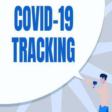 Metin başlığı Covid 19 izleme sunar. Enfeksiyon kapmış olabilecek kişilerin kavramsal fotoğraf ayırt etme süreci. Büyük bir konuşma baloncuğuyla el ele tutuşan adam..