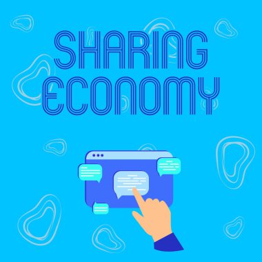 Kavramsal Ekran Paylaşımı Ekonomisi. Kavramsal fotoğraf işbirlikçi tüketimi veya paylaşımcı tabanlı El Gösterme Grafiği Büyütme Web Tarayıcı Ekranı.