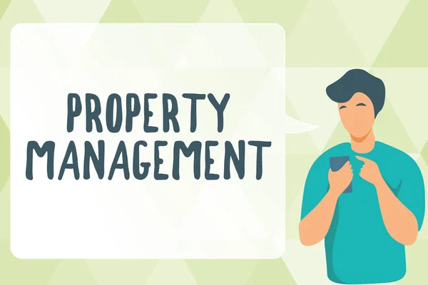 Legenda conceitual Property Management. Negócios abordam o controle, manutenção e supervisão de imóveis Man Illustration Usando Mobile e exibindo conversa de bolhas de fala. — Fotografia de Stock