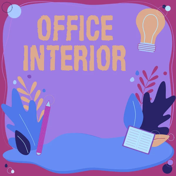 オフィスのインテリアを示すテキスト記号。屋内空間を機能安全かつ美しいテキストフレームに囲まれたビジネスアプローチ｜花と葉 — ストック写真