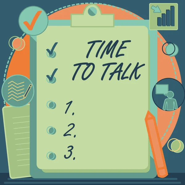 Konzeptionelle Bildunterschrift: Time To Talk. Konzeptionelles Foto, um mit der Person gründlich zu diskutieren oder Informationen zu vermitteln Clipboard Drawing With Checklist Marked done items on list. — Stockfoto