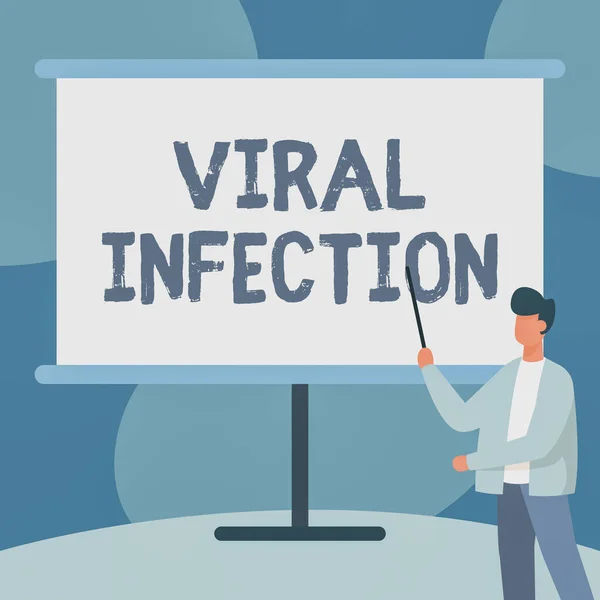 ウイルス感染の兆候を示すインスピレーション。インターネットの概念有害なウイルスの複製からの人間の細胞の特定の攻撃ジャケットで教師ホワイトボードで立ち位置スティックを描く. — ストック写真
