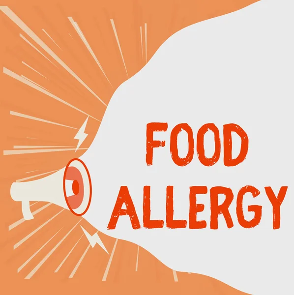 Fogalmi felirat Élelmiszer Allergia. Szó rendellenes immunrendszer válasz allergén evés után Megafon rajz, hogy új hangos bejelentést, hogy üres felhő. — Stock Fotó
