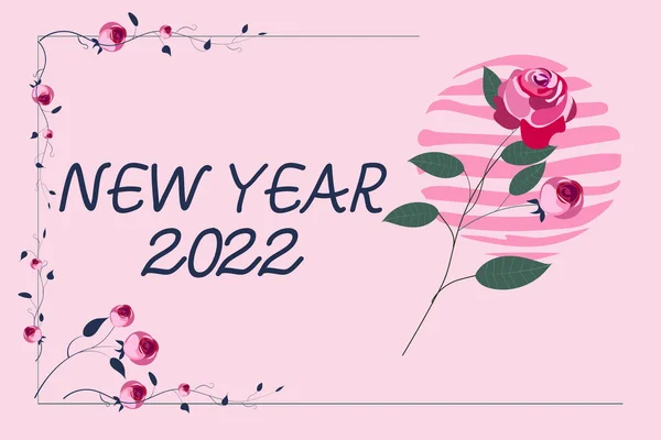 Κείμενο που δείχνει έμπνευση το νέο έτος 2022. Επιχειρηματική επισκόπηση Χαιρετισμός Γιορτάζοντας Διακοπές Fresh Start Καλύτερες ευχές Πλαίσιο κειμένου που περιβάλλεται με διαφοροποιημένα λουλούδια Καρδιές και φύλλα. — Φωτογραφία Αρχείου