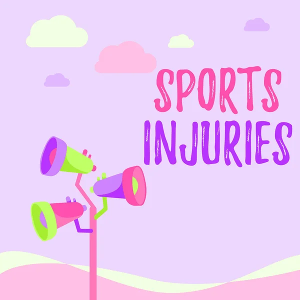 Kézírás szöveg Sport sérülések. Szó Írt típusú sérülések során előforduló sport vagy gyakorlat lengyel megafonok Rajz, hogy bejelentse, hogy egy nyílt tér. — Stock Fotó