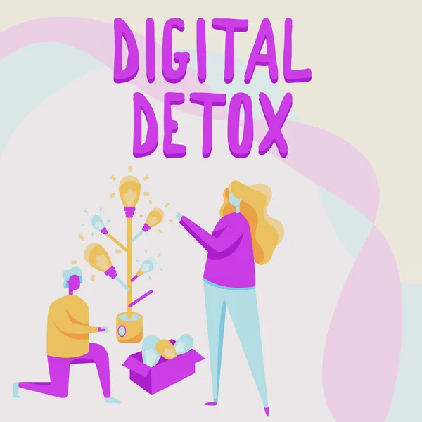 Kavramsal başlık Dijital Detox. Elektronik ve dijital cihazların kullanımının yasaklanması üzerine yazılan Sözcük Erkek ve Kadın Diz çökmüş Ampul Ağacı. — Stok fotoğraf