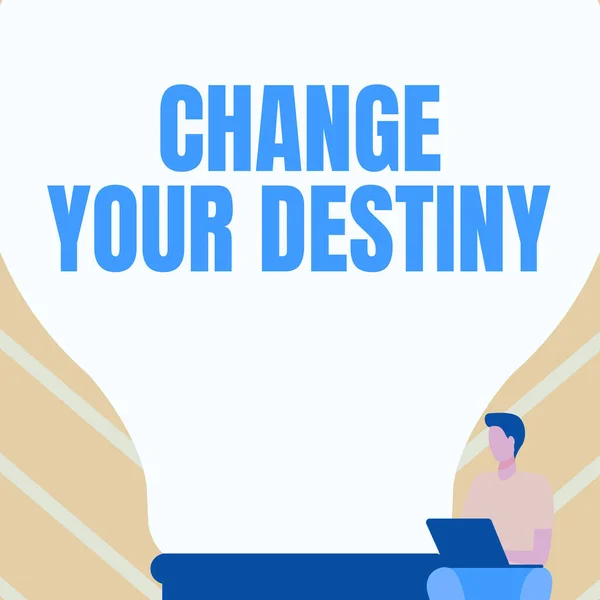 Legenda do texto apresentando Change Your Destiny. Visão geral do negócio escolhendo as ações certas para manipular eventos predeterminados Gentleman Sentado e usando laptop ao lado de uma grande lâmpada. — Fotografia de Stock