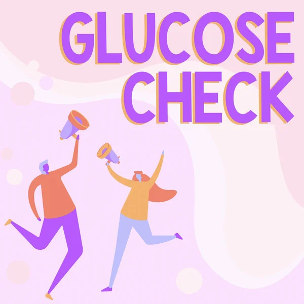 Концептуальный дисплей Glucose Check. Обзор бизнеса процедура, которая измеряет количество сахара в крови Иллюстрация партнеров прыжки вокруг обмена мыслями через мегафон. — стоковое фото