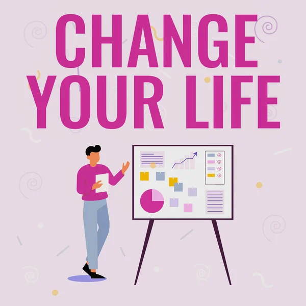 El yazısı "Hayatını Değiştir". Geleceğin iş adamı çizim için ilham verici tavsiyeler üzerine yazılmış Kelime Başarı İçin Fikirler Sunar. — Stok fotoğraf