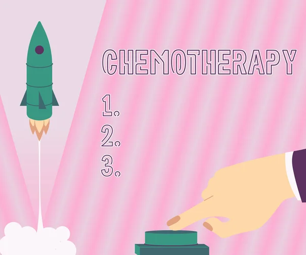 Podpis pokazujący chemioterapię. Biznes podejście do leczenia choroby za pomocą substancji chemicznych Man Hand Pressing Button, aby uruchomić rakietę do przestrzeni kosmicznej dla nowych horyzontów. — Zdjęcie stockowe