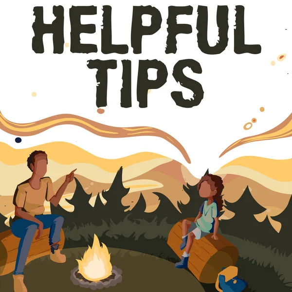 Text sign showing Helpful Tips. Business approach service advice help support assistance and quick tips Father And Daughter Sitting Next To Campfire Enjoying Camping At The Park — Stock Photo, Image