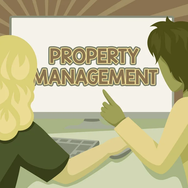 Text caption presenting Property Management. Internet Concept the control, maintenance, and oversight of real estate Couple Drawing Using Desktop Computer Accomplishing Their Work. — Stock Photo, Image
