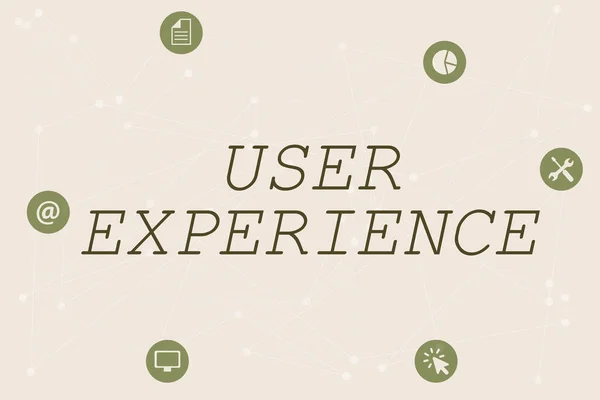 Textzeichen mit User Experience. Word Geschrieben, wie eine Person reagiert und sich fühlt, nachdem sie ein bestimmtes Produkt verwendet hat. Illustrierte Hintergründe mit verschiedenen Formen und Farben. — Stockfoto