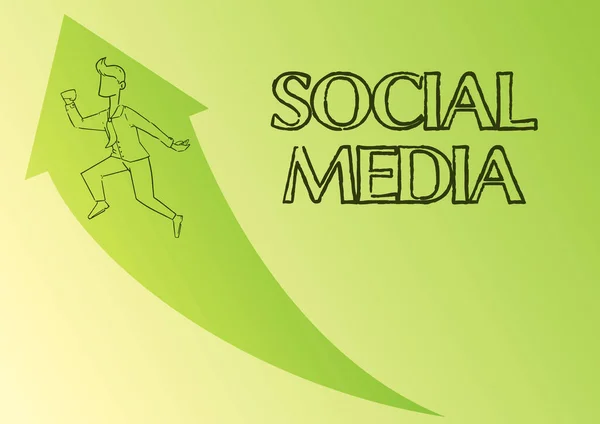 Inspiracja pokazująca znak Social Media. Internet Concept marketingu online i zabawy udostępniania za pomocą smartfona Illustration Of Happy Businessman Running Up with Arrow Got His Promotion. — Zdjęcie stockowe