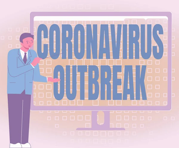 Концептуальная подпись "Вспышка коронавируса". Инфекционное заболевание интернет-концепции, вызванное недавно обнаруженным COVID19 Предприниматель, представивший диаграммы Замечательные идеи на экране компьютера — стоковое фото