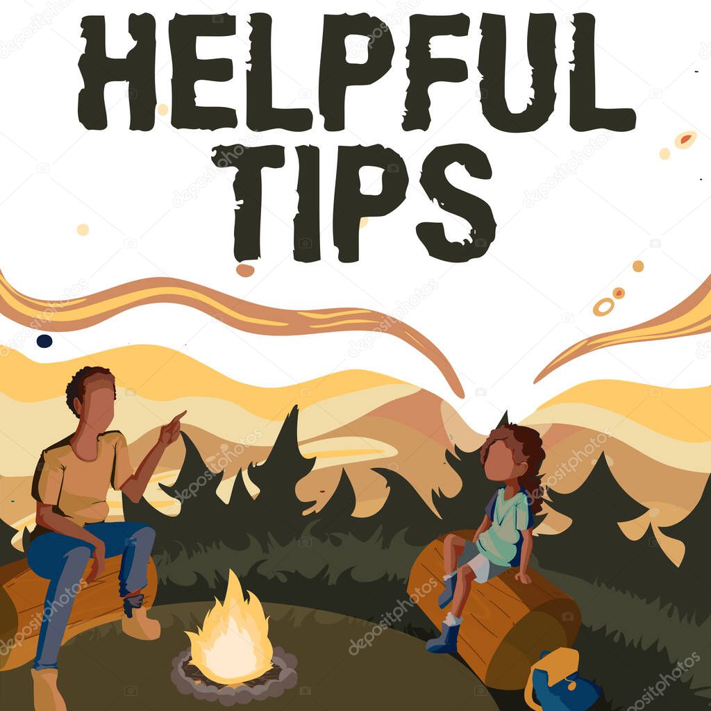 Text sign showing Helpful Tips. Business approach service advice help support assistance and quick tips Father And Daughter Sitting Next To Campfire Enjoying Camping At The Park