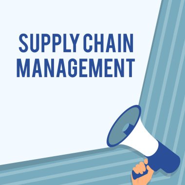 Kavramsal Ekran Zinciri Yönetimi. Mal ve hizmetlerin akışına ilişkin iş fikri yönetimi El Tutma Megafonu İllüstrasyonu Harika Duyurusu.