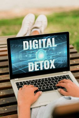 El yazısı işareti Dijital Detox. Elektronik ve dijital aygıtların kullanımını yasaklayan iş genel bakış çapraz bacaklı bir kadının kucağına dayanan dizüstü bilgisayar.