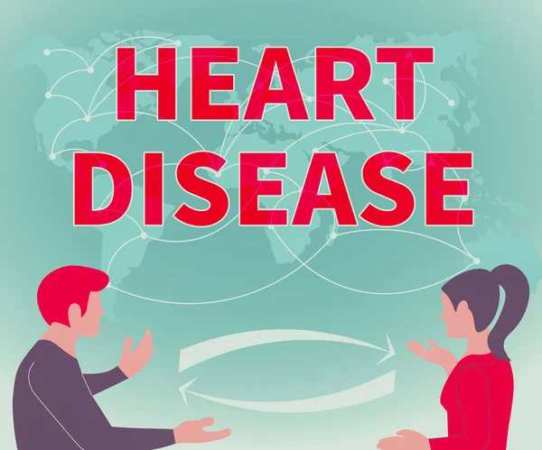 Kalp Hastalığı belirtileri. Kan damarlarını tıkayan iş dünyası kalp rahatsızlıkları. İki takım arkadaşı Yeni Fikirler Dünya Haritası Beyin Fırtınası Yeni Çözümleri tartışıyor.. — Stok fotoğraf