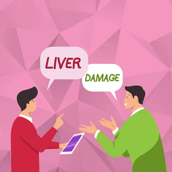 Handwriting text Liver Damage. Internet Concept damage to the liver and its function due to alcohol abuse Two Men Colleagues Standing Sharing Thoughts Together With Speech Bubbles — Stock Photo, Image