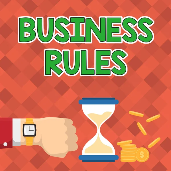 签署显示业务规则。商业理念是一种特殊的指令，它限制或定义了商人使用手表显示小时玻璃指示有价值的措施. — 图库照片