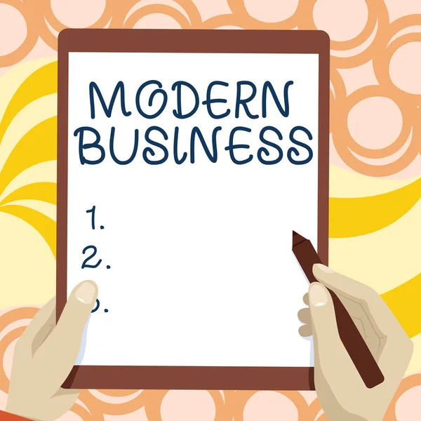 Metin Modern Business sergisi yazılıyor. İki Elin Altında Tablet Çizimi felsefesine Giriş Hakkında Yazılan Sözcük Harika Fikirler Sunar — Stok fotoğraf