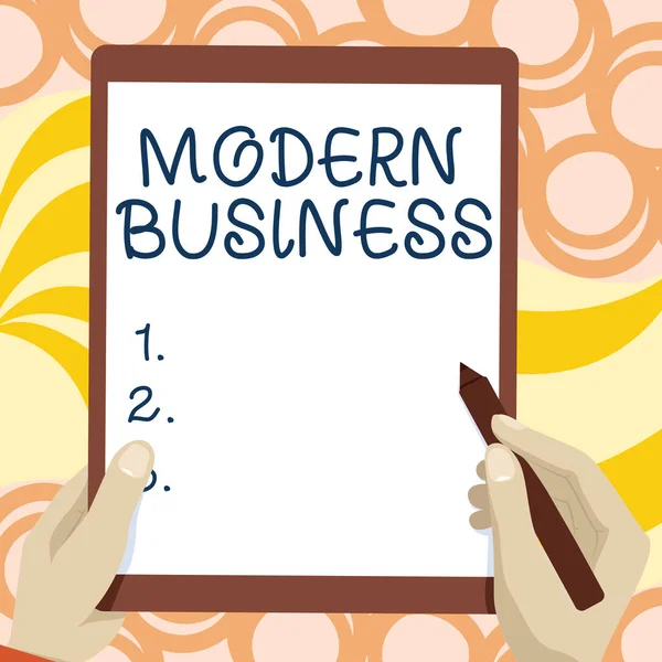 Écriture affichant le texte Modern Business. Mot écrit sur Introduction à la philosophie de la grande entreprise Dessin des deux mains tenant tablette Présenter légèrement des idées merveilleuses — Photo