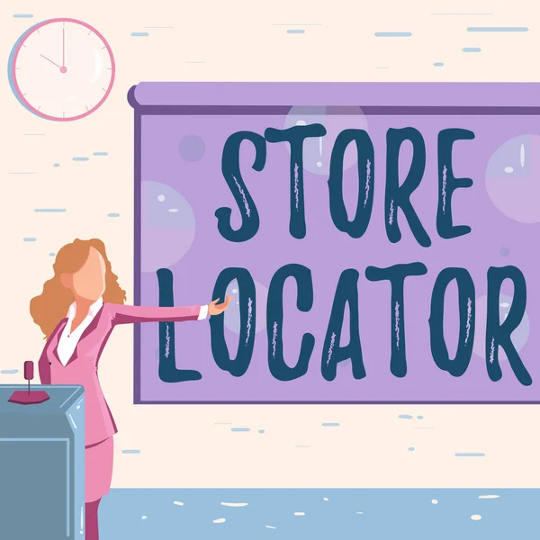 Inspiration, die Zeichen Store Locator zeigt. Internet-Konzept, um die Adresse Kontaktnummer und Betriebszeiten Lady Drawing Standing Holding Projektor Fernbedienung Presenting Pie Charts — Stockfoto