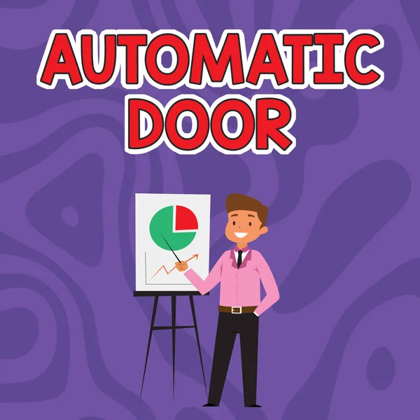 Podpis koncepcyjny Automatyczne drzwi. Internet Concept otwiera się automatycznie, gdy wyczuwa podejście osoby Businessman noszenie dorywczo stojących wykresów prezentujących i pomysłów. — Zdjęcie stockowe
