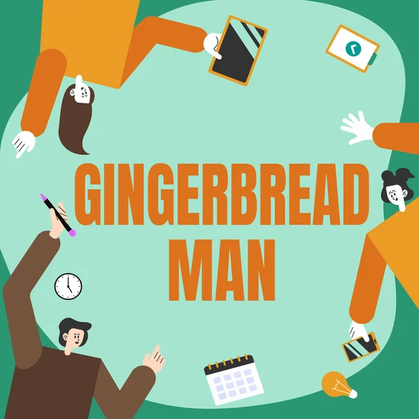 Conceptuele weergave Gingerbread Man. Zakelijke aanpak cookie gemaakt van peperkoek meestal in de vorm van menselijke collega 's dragen S Decoreren Mobiele toepassing definiëren Teamwork. — Stockfoto