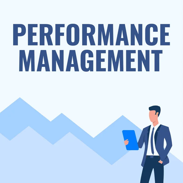 Conceptual display Performance Management. Business approach Improve Employee Effectiveness overall Contribution Man In Uniform One Hand In Pocket Standing Holding Computer Tablet. — Stock Photo, Image